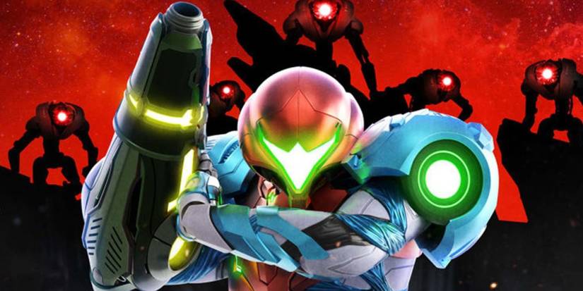 Samus lifting her blaster with shadows behind her