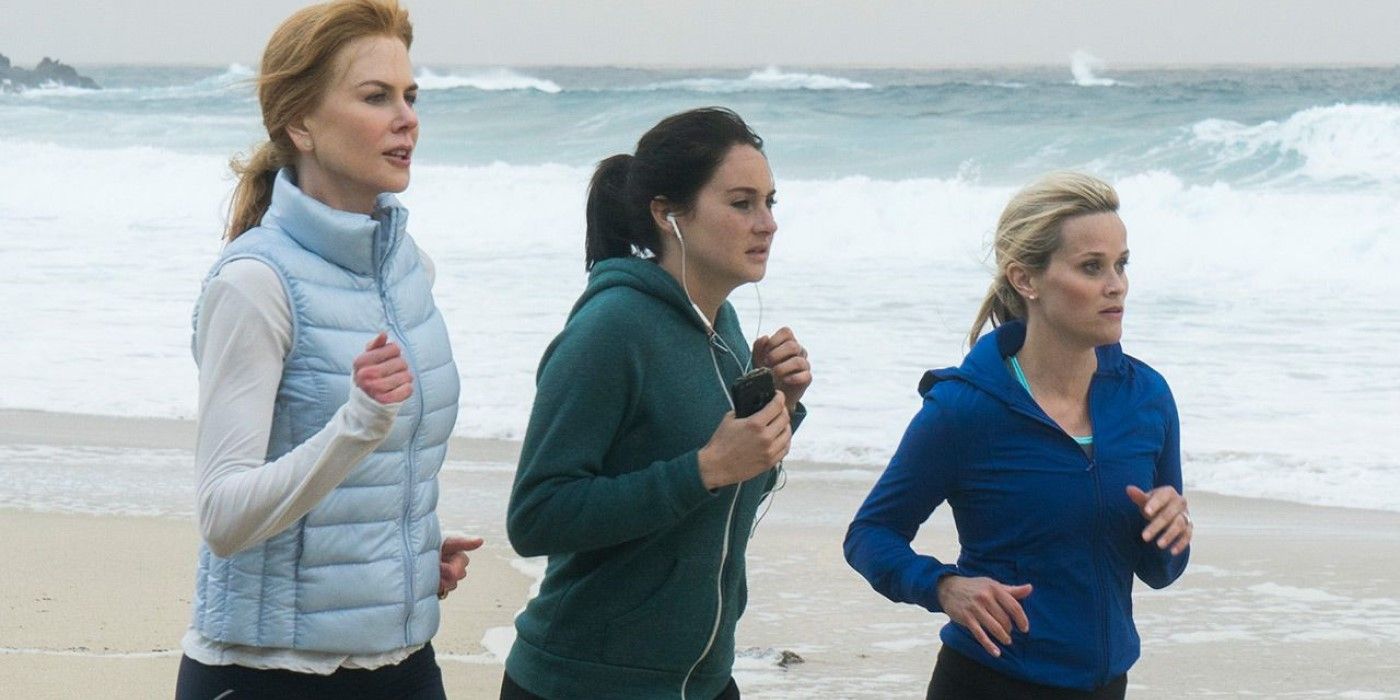 Nicole Kidman, Shailene Woodley, and Reese Witherspoon running on a beach in Big Little Lies