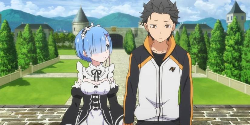 Subaru looking glum with Rem looking at him in Re:zero.