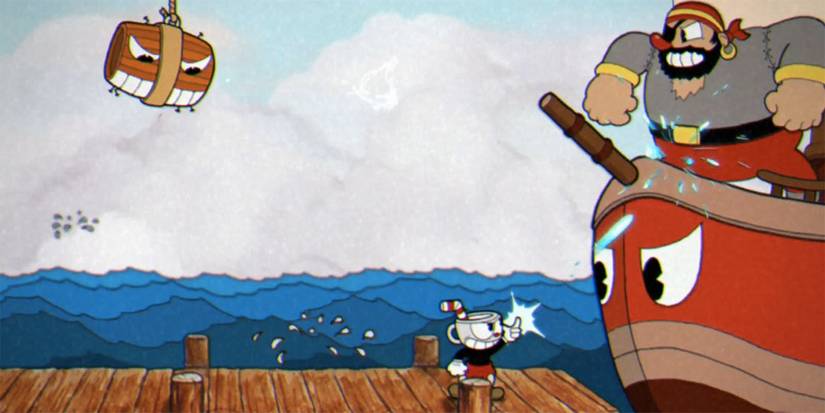 Cuphead facing an angry-looking pirate