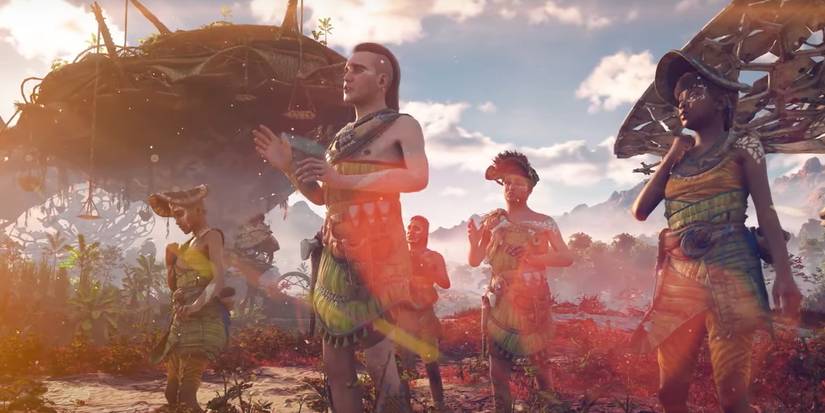 Several characters looking in the same direction in Horizon Forbidden West