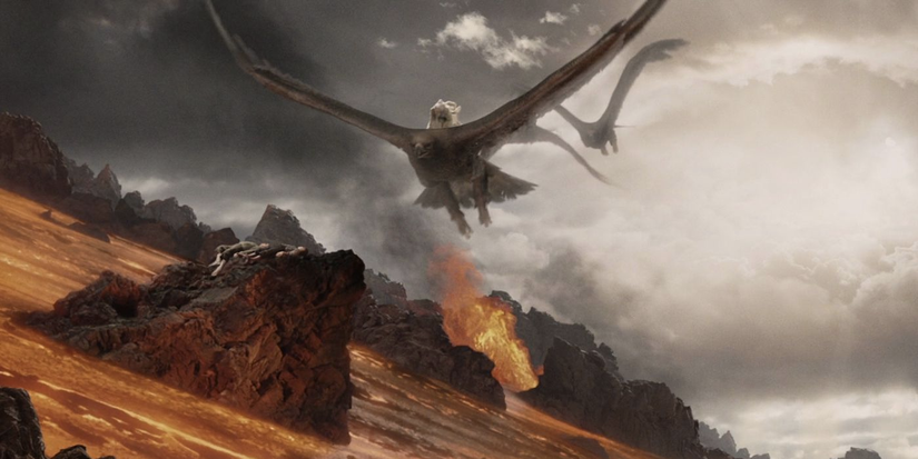 The Eagles save Frodo and Sam after the destruction of the Ring in The Lord of the Rings: The Return of the King