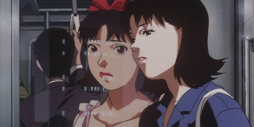 Mima Kiroge on the subway in 'Perfect Blue' while being confronted by a reflection of herself.
