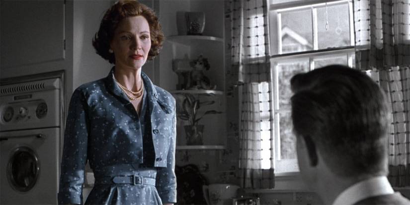 Joan Allen in full color looking at a man in black-and-white in Pleasantville