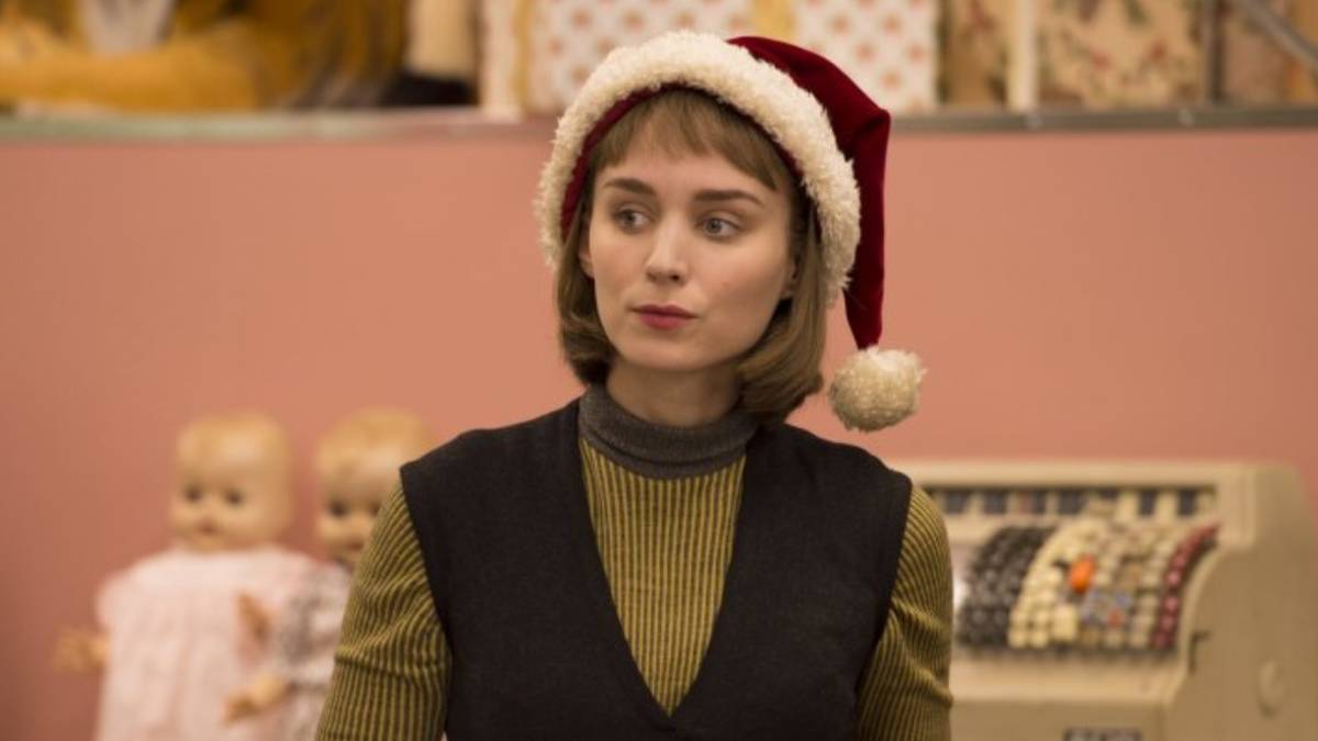 Rooney Mara wearing a Christmas hat in Carol