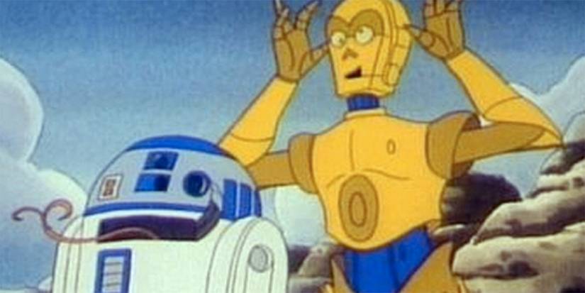 C3-PO making a funny face behind R2-D2 in Star Wars: Droids