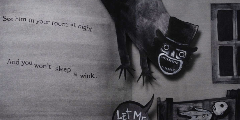 Still from The Babadook showing a storybook with a creepy figure.
