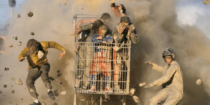 A group of men escaping and explosion in a shopping cart in Jackass The Movie