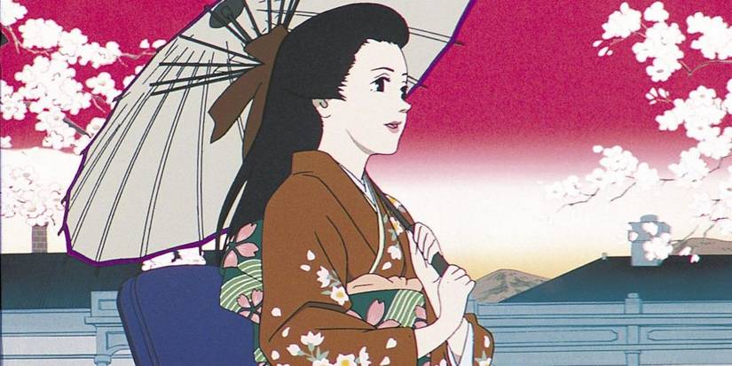 Chiyoko looking to the distance while holding an umbrella in Millennium Actress