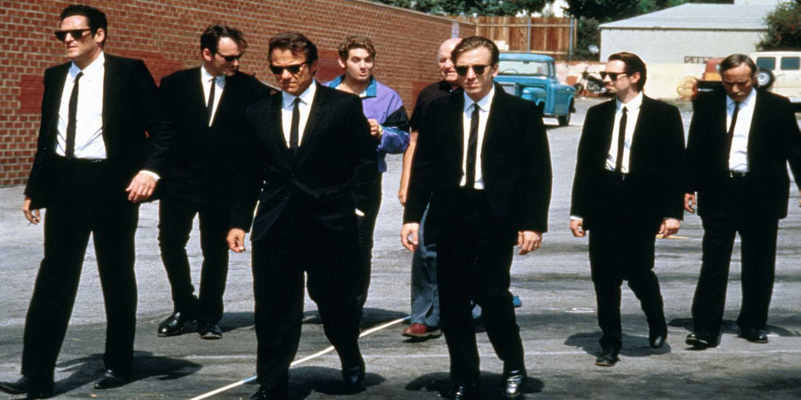 The main characters walking down the street in Reservoir Dogs