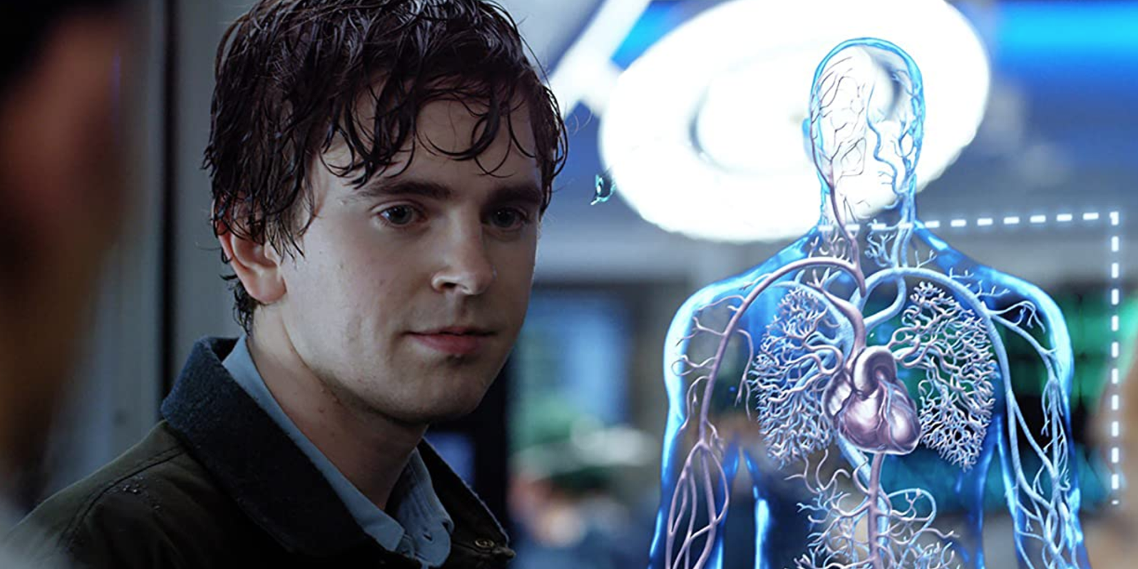 Freddie Highmore in The Good Doctor with wet hair and looking to the side