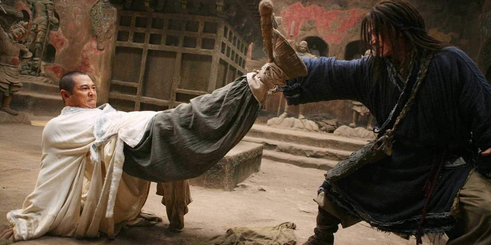 Jackie Chan blocks a kick from Jet Li in The Forbidden Kingdom.