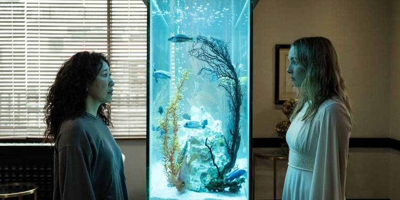 Eve (Sandra Oh) and Villanelle (Jodie Comer) standing, with an aquarium between them in 'Killing Eve'