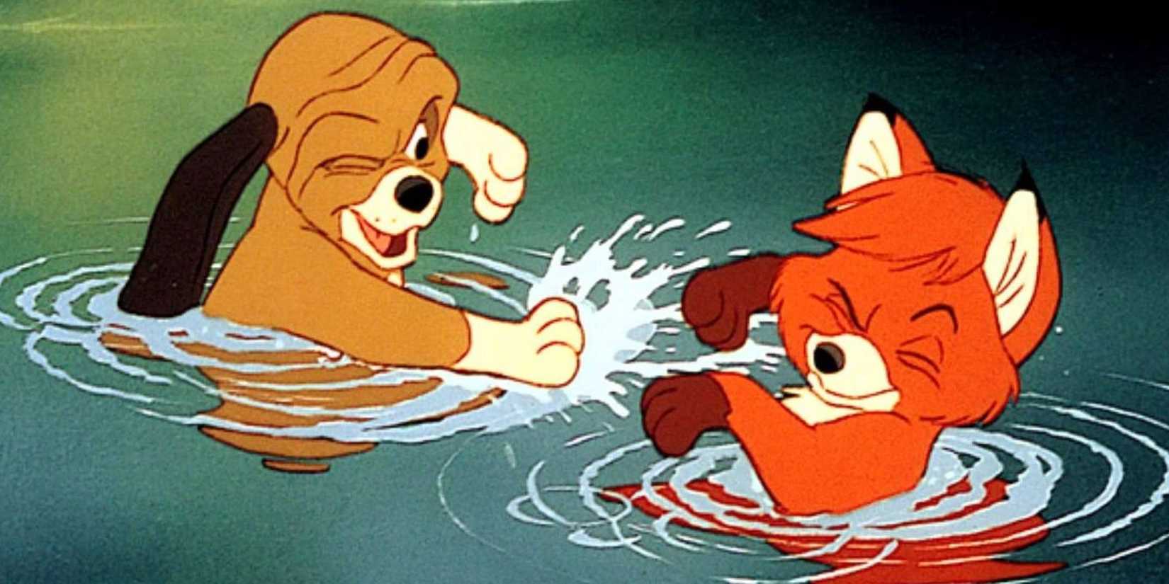 A young Todd and Copper playing in water in The Fox and the Hound
