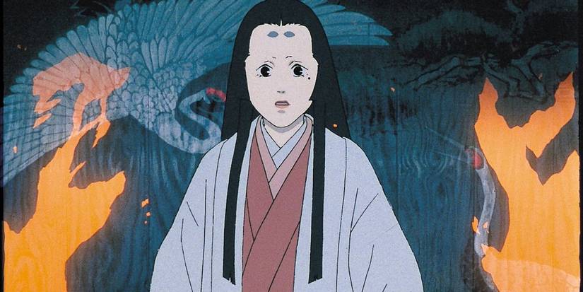 A distressed-looking woman surrounded by fire in Millennium Actress.