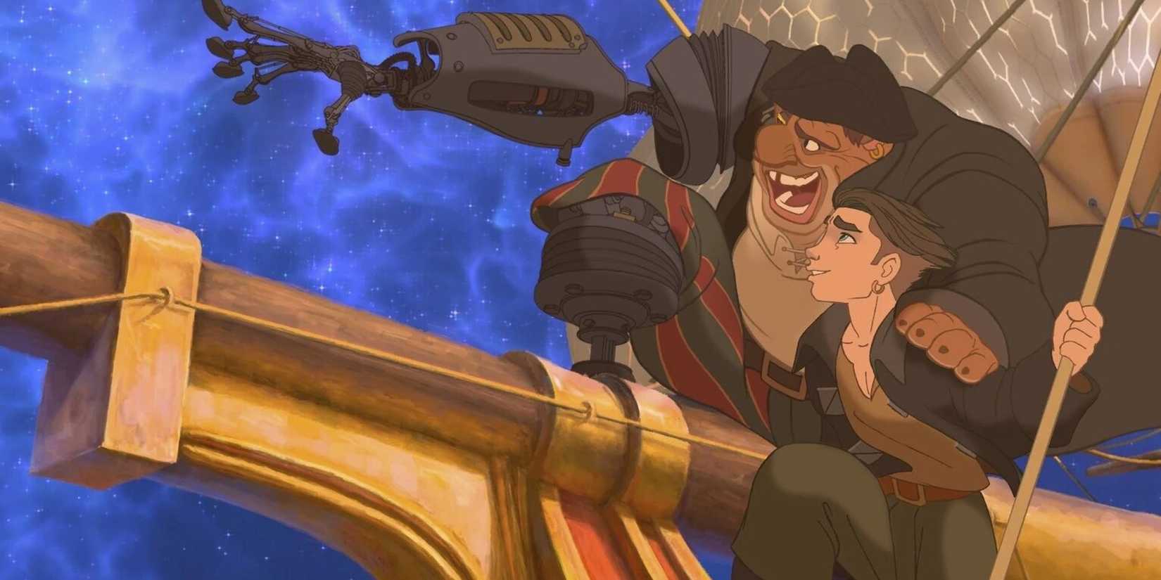 Jim Hawkins and John Silver look over the bow of a ship as it flies through the stars in Treasure Planet.