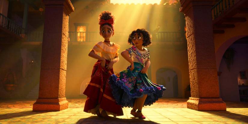 Dolores and Mirabel dancing with Bruno sneaking in the background