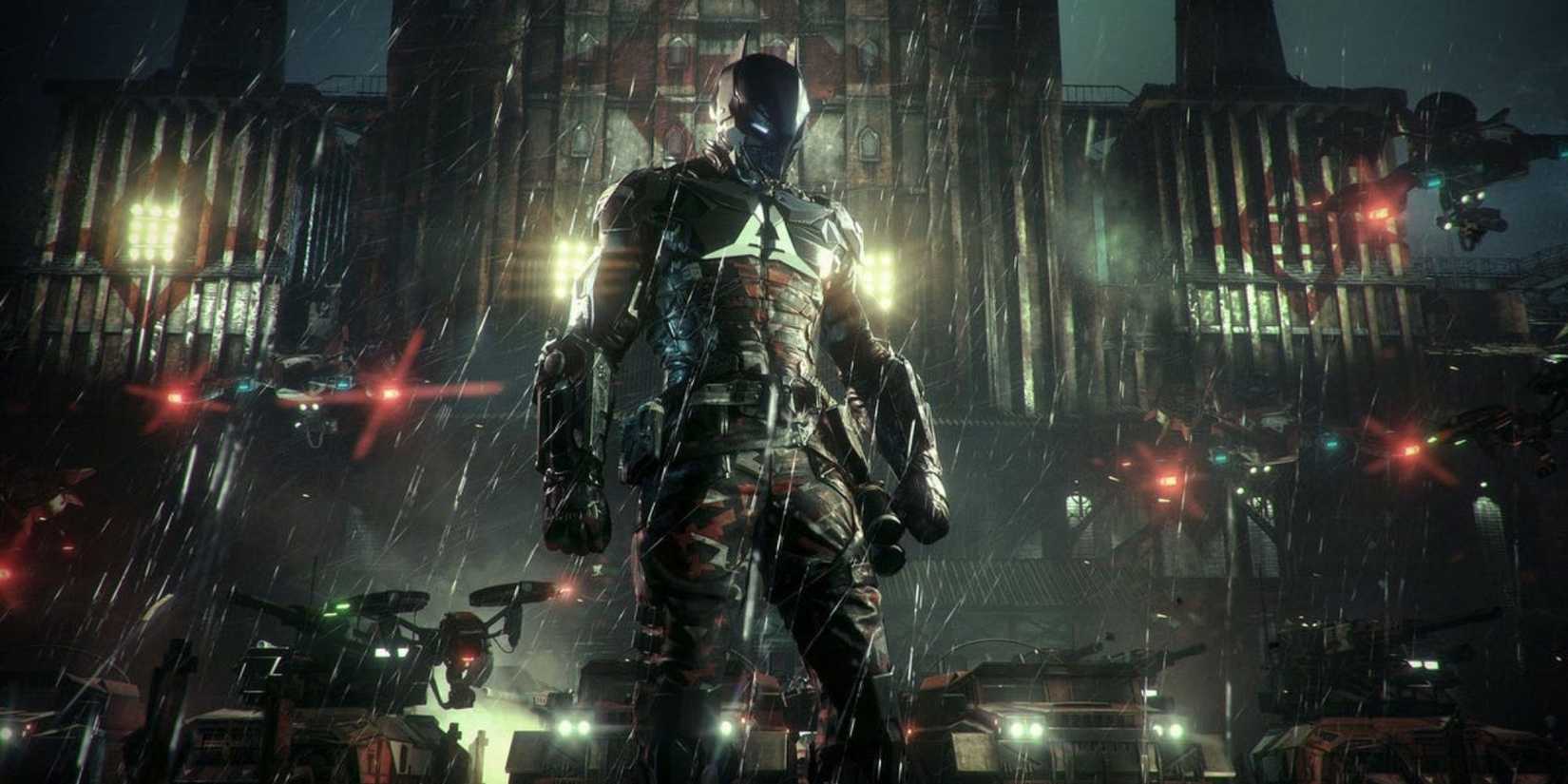 Arkham Knight in front of a base in Batman: Arkham Knight