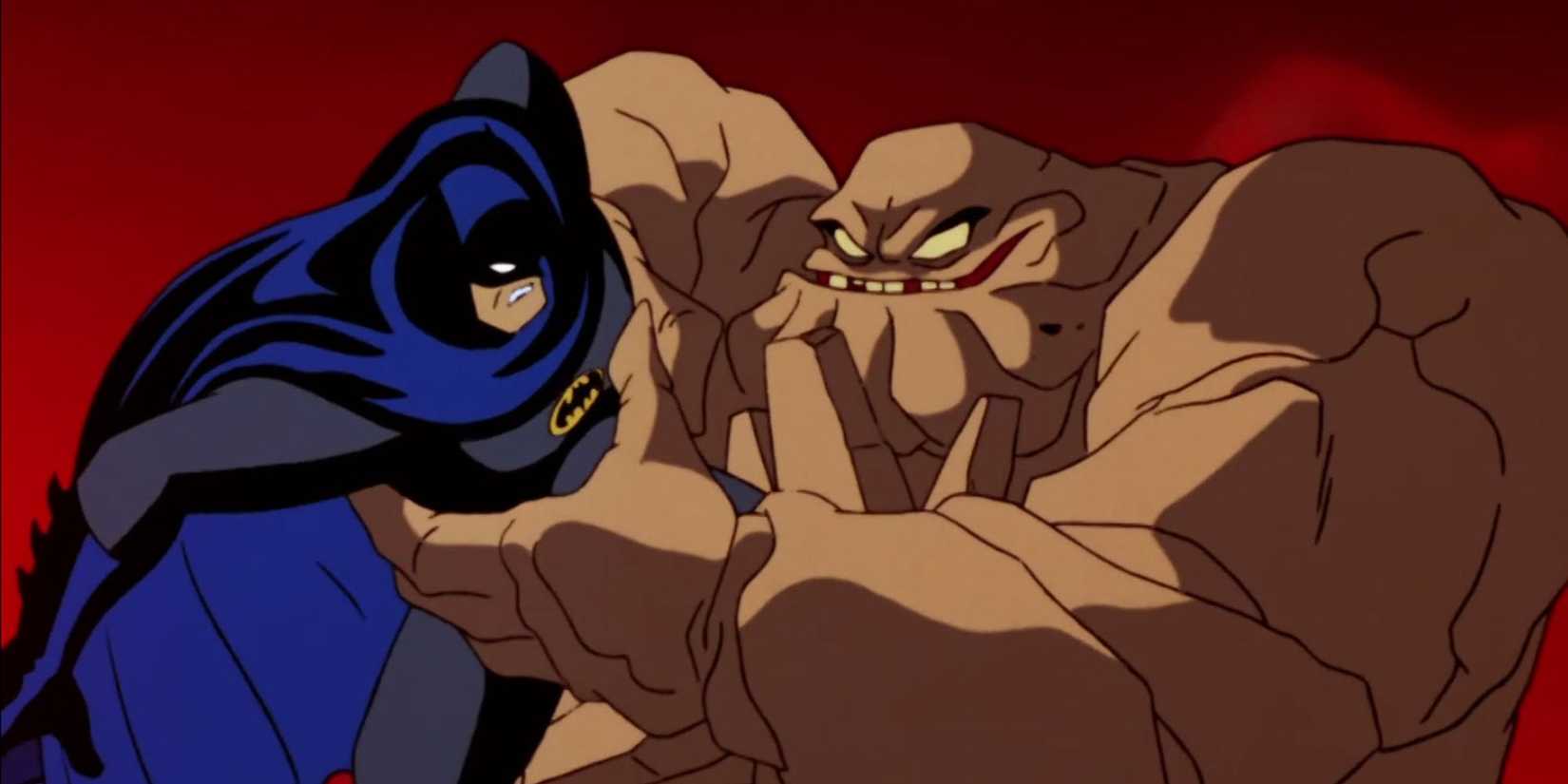 Clayface holds Batman in his grip in Batman: The Animated Series.