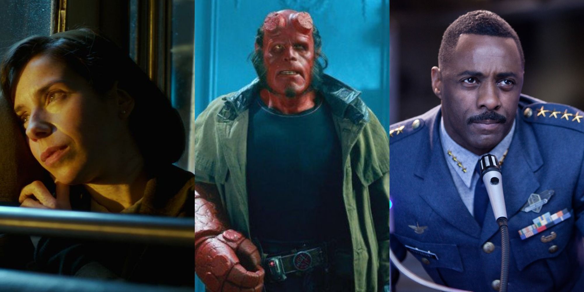 Elisa Esposito, Hellboy, and Stacker Pentecost from their respective Guillermo del Toro movies