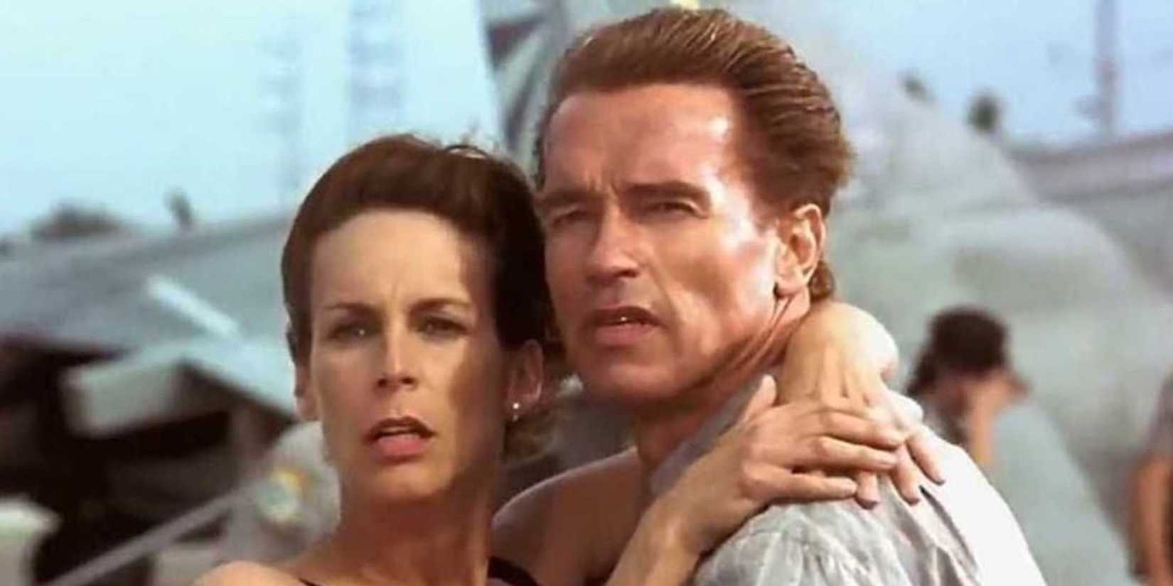 Jamie Lee Curtis embracing Arnold Schwarzenegger in True Lies