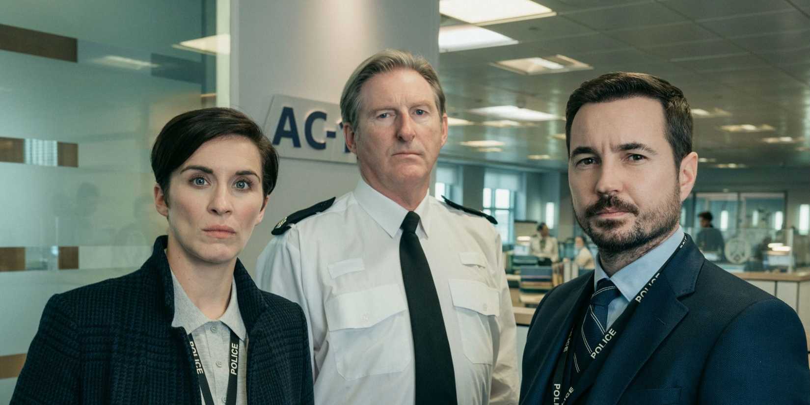 Line of Duty Vicky McClure Adrian Dunbar Martin Compston all standing side by side and looking at the camera.