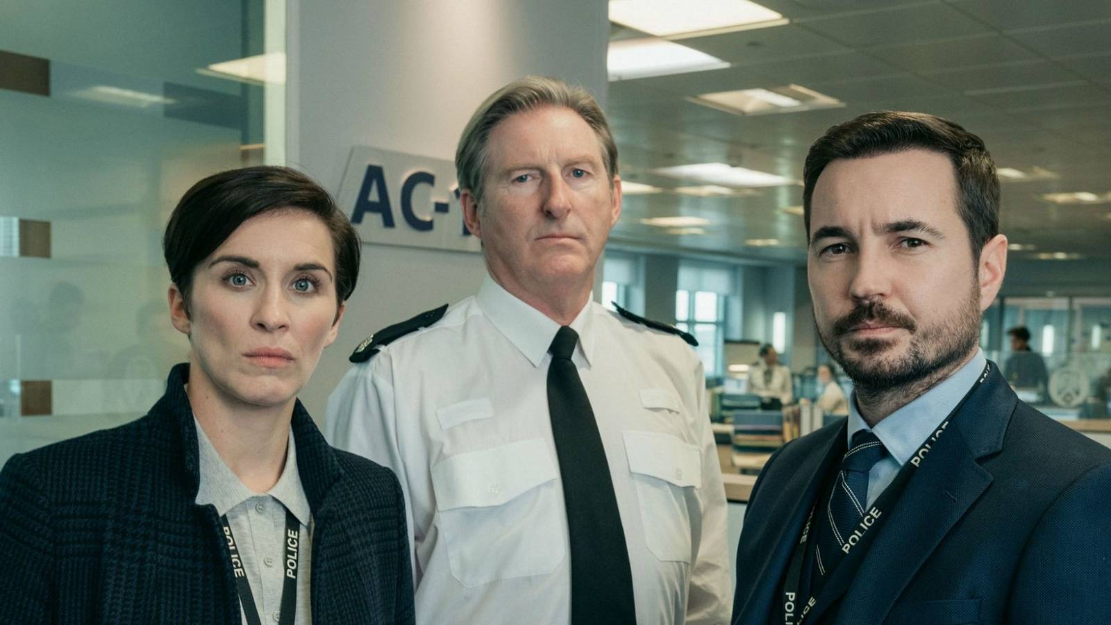Line of Duty Vicky McClure Adrian Dunbar Martin Compston all standing side by side and looking at the camera.