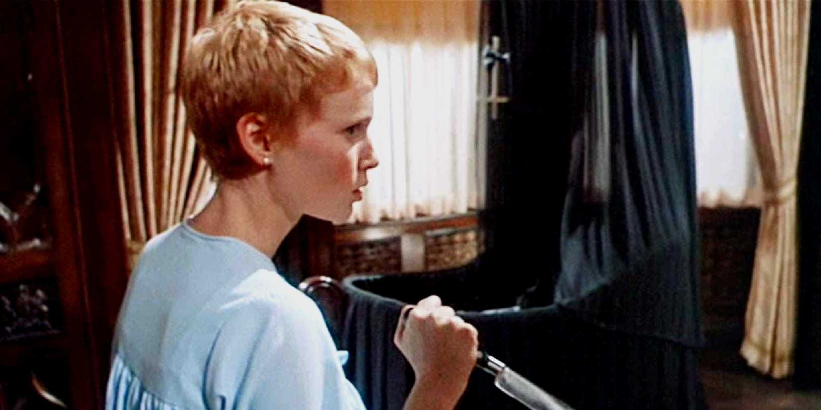 Mia Farrow as Rosemary holding a knife in Rosemary's Baby