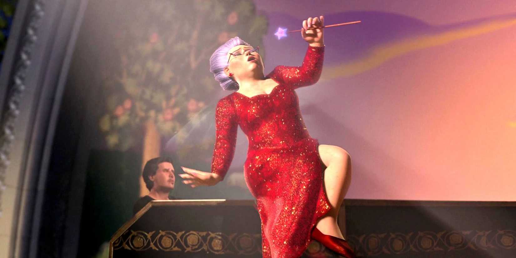 The Fairy Godmother singing atop a piano in Shrek 2