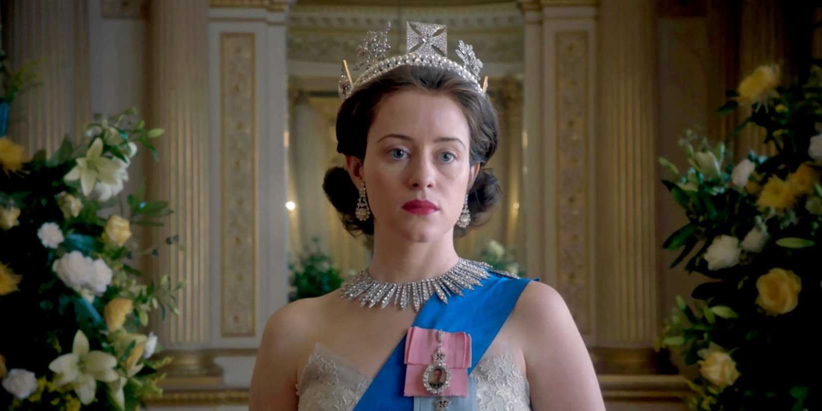 Queen Elizabeth II (Claire Foy) looking pensive in The Crown.