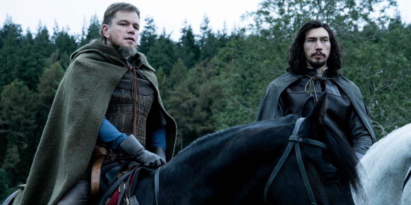 Jean de Carrouges and Jacques Le Gris on horseback looking to the distance in The Last Duel