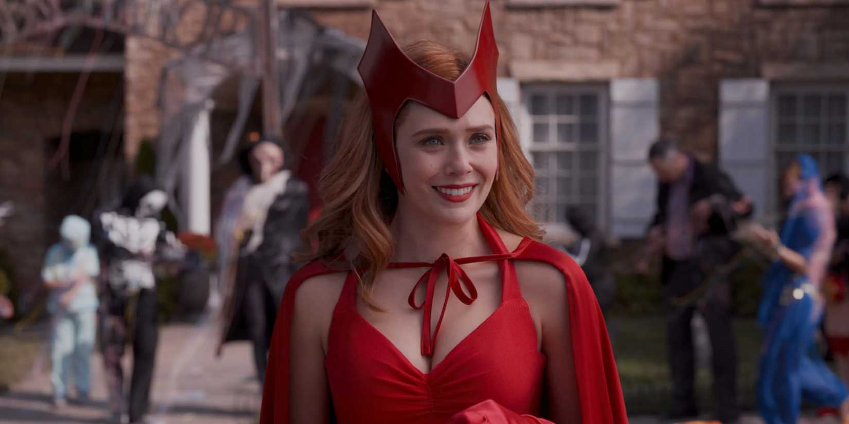 Wanda Maximoff in her classic Scarlet Witch costume during WandaVision Halloween episode.