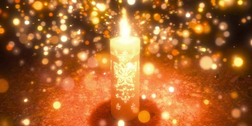 Candle from Encanto showing the butterfly inscribed on it with sparks coming from it