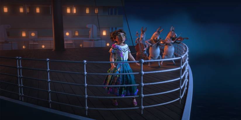 Mirabel from Encanto on a ship with donkeys playing music