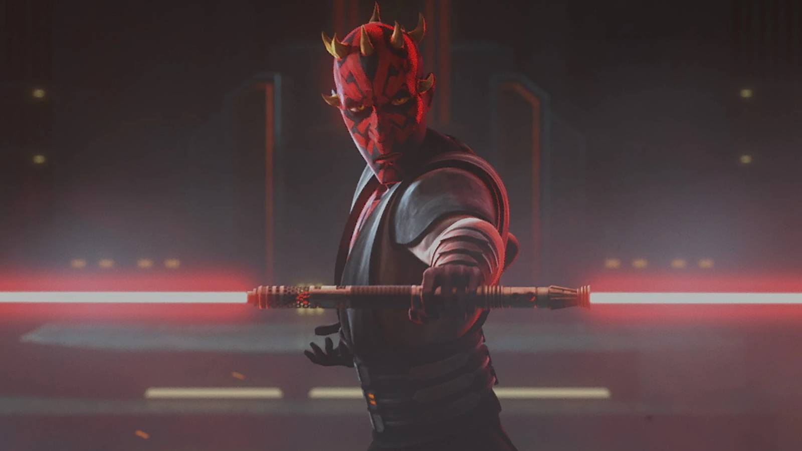 Darth Maul holding his lightsaber in Star Wars: The Clone Wars