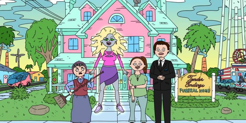 Annie, Trophy, Uncle Pete, and Baba in front of a funeral home in 'Teenage Euthanasia'