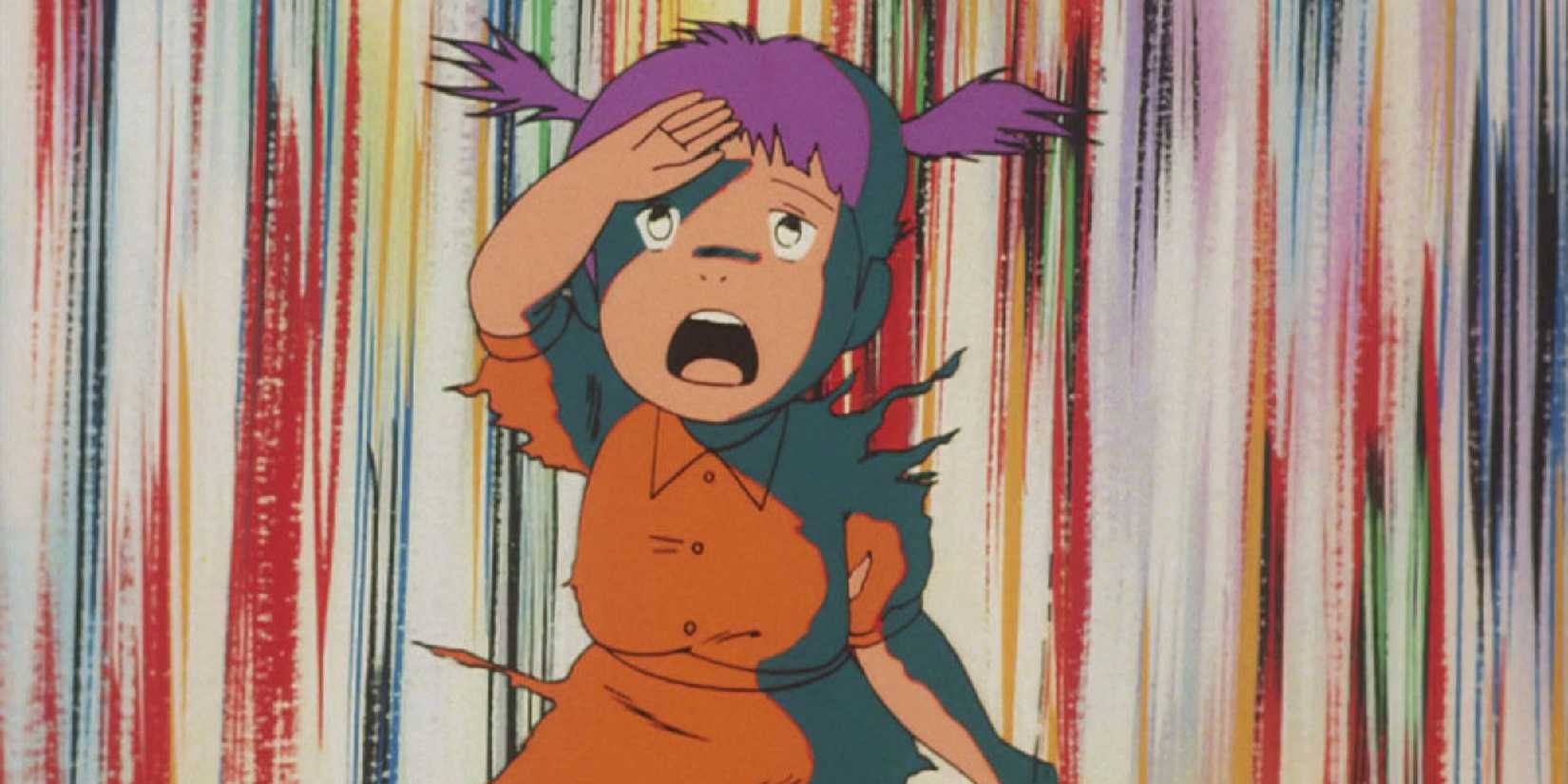 A young girl looks up in fear in Barefoot Gen