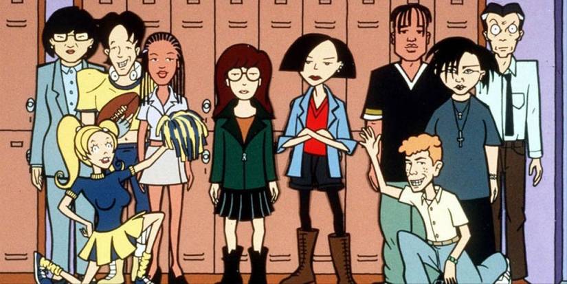 The cast of Daria stand in front of lockers. 