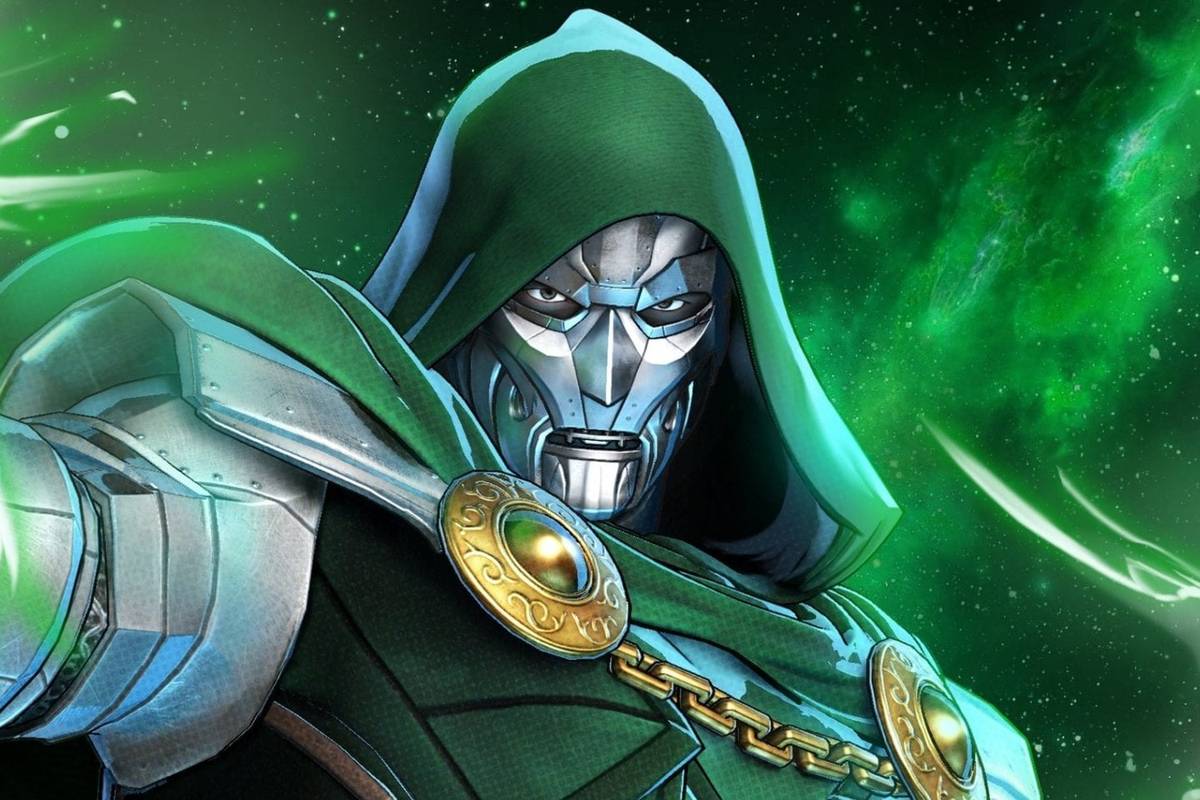 God Emperor Doom sitting on his throne during the Secret Wars battle