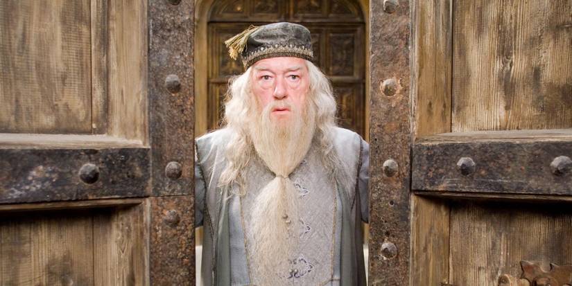 Harry Potter's Michael Gambon as Albus Dumbledore, standing between two large doors and looking concerned