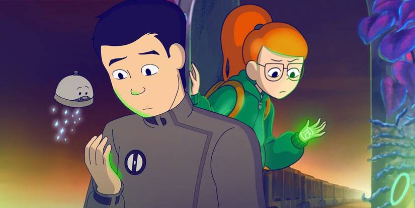 Two characters looking at something glowing in their hands in 'Infinity Train'