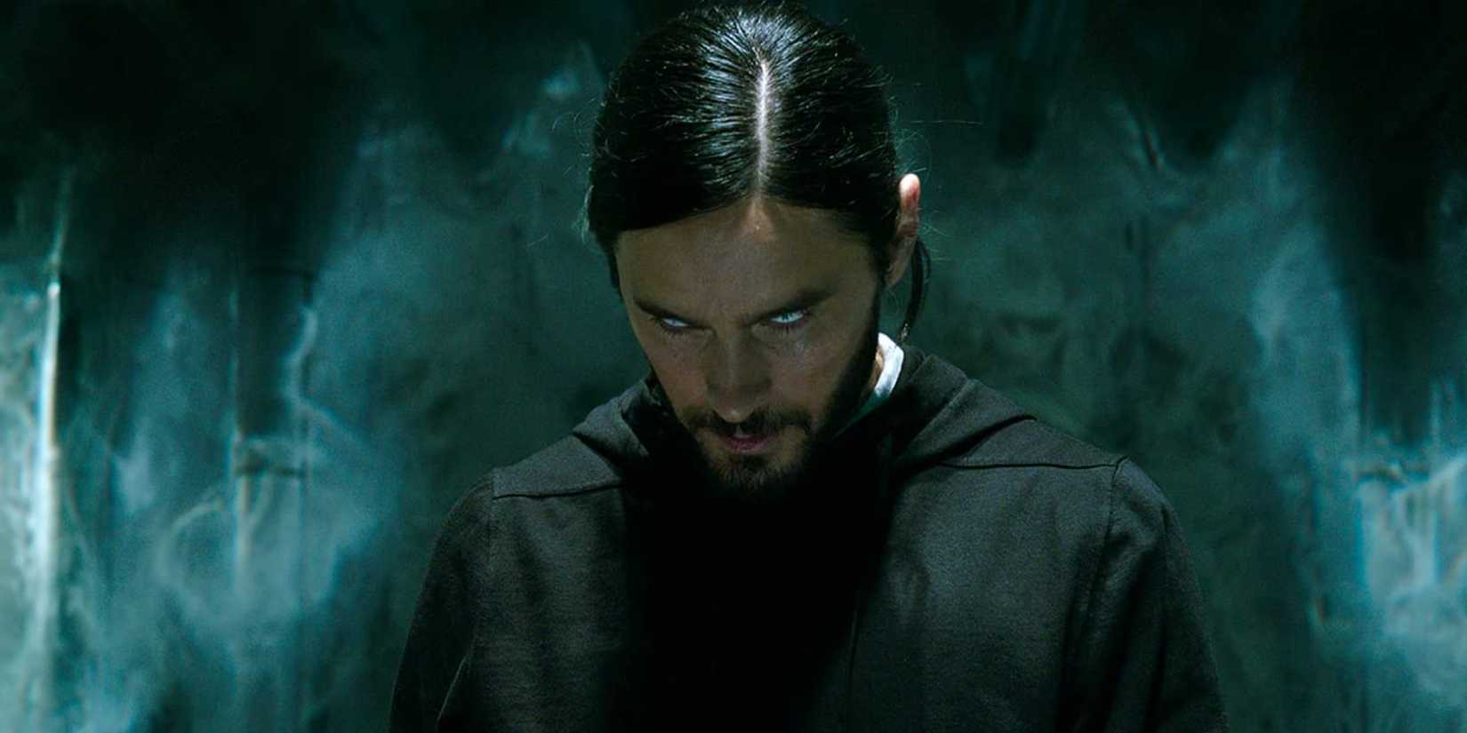 Jared Leto as Dr. Michael Morbius looking down and trying to listen to the bat sonar in Morbius