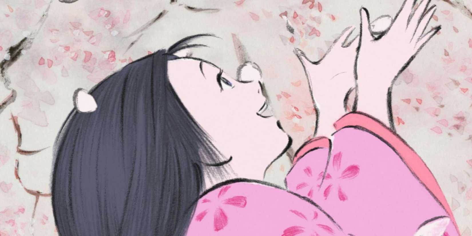 A young Princess Kaguya playing with the sakura petals in The Tale of Princess Kaguya