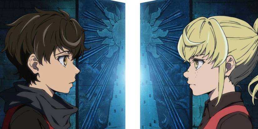 Dua karakter saling menatap saat pintu berornamen terbuka di belakang mereka di Tower of God.