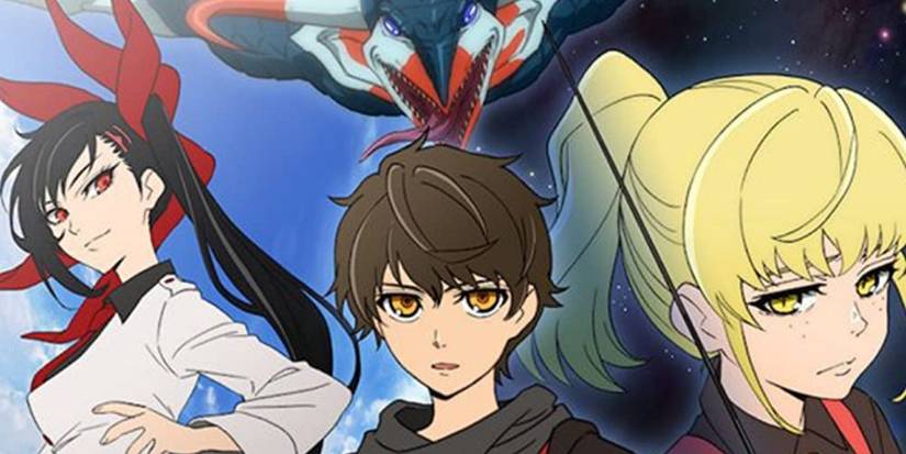 blonde and brunette anime girls flanking a brunette anime boy on the poster for Tower of God