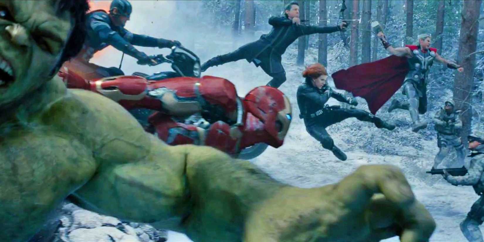 The Avengers in battle in Avengers: Age of Ultron