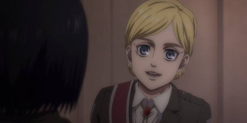 Historia talks to Mikasa in Attack on Titan.