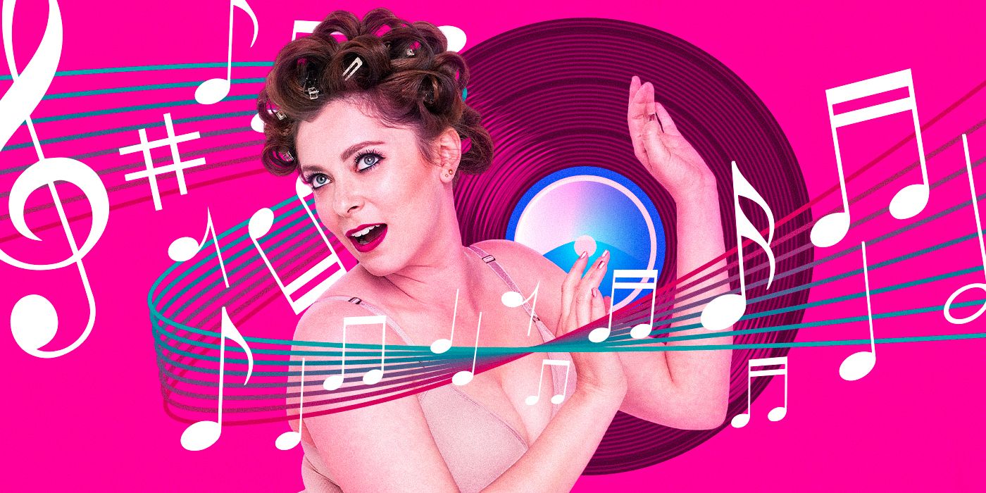 custom image of Rachel Bloom from Crazy Ex-Girlfriend with curlers and a music note background