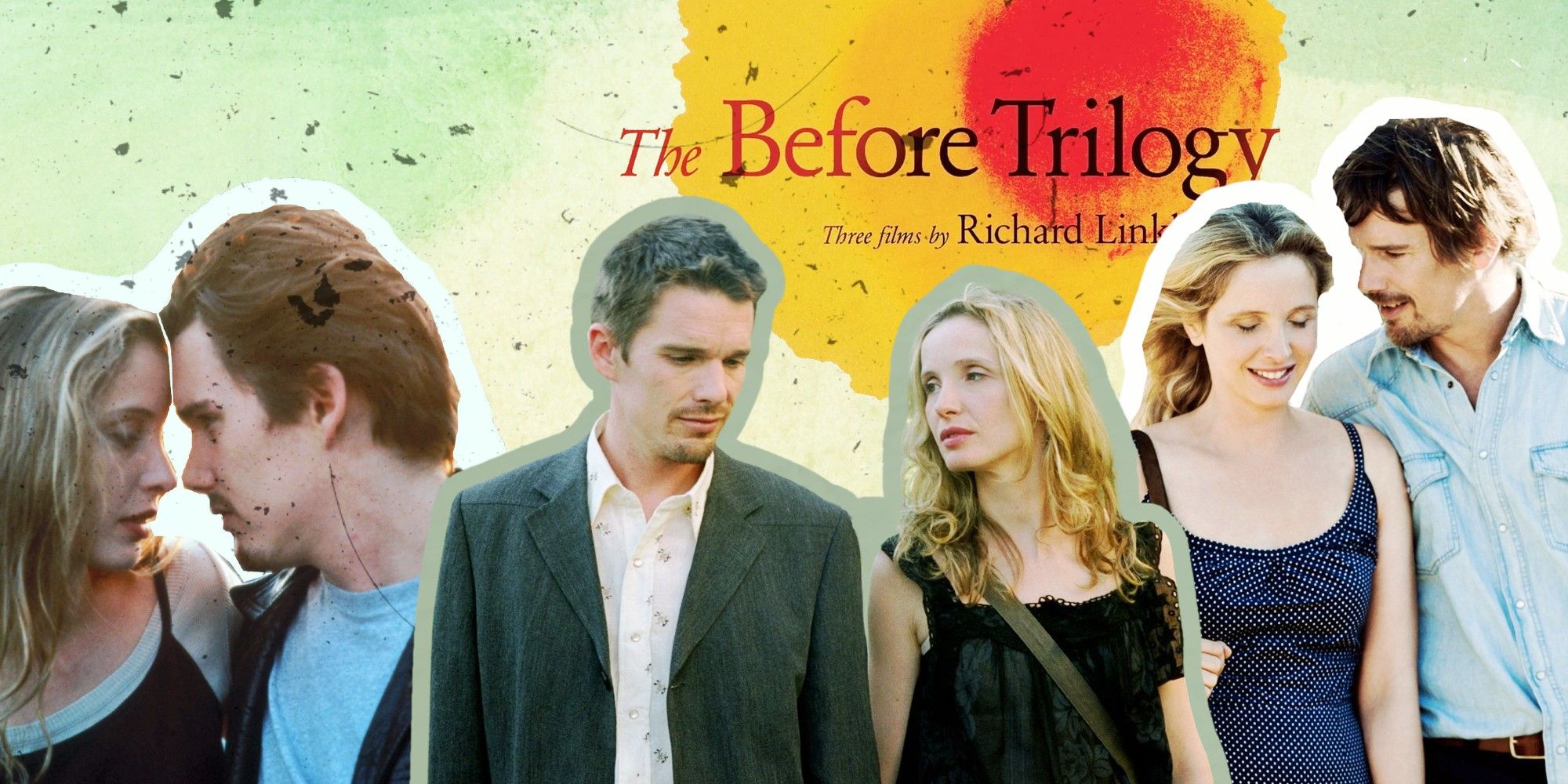 Blended image showing Jesse and Céline in Before Sunrise, Before Sunset and Before Midnight