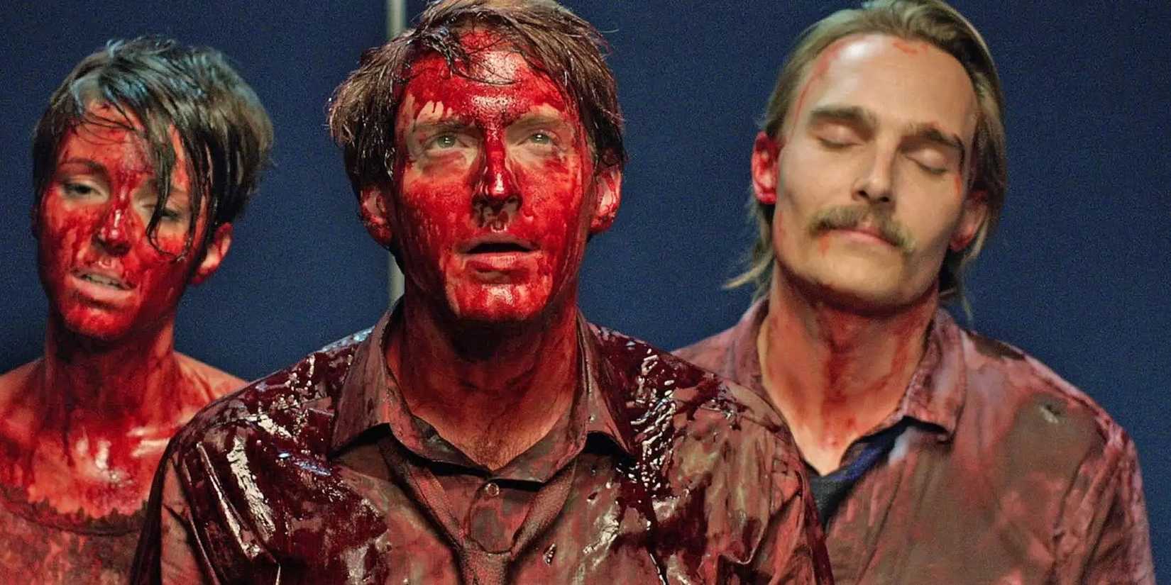 Emma Fitzpatrick, Fran Kranz, and Joey Kern covered in blood in Bloodsucking Bastards